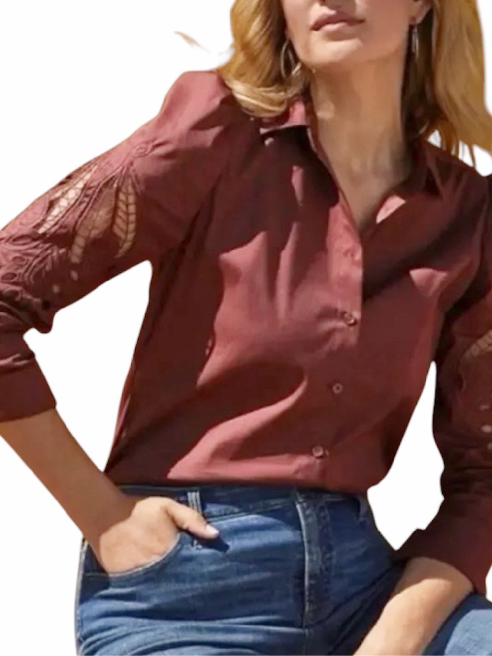 Chico’s Floral Lace Cutwork Sleeve Button Up Top